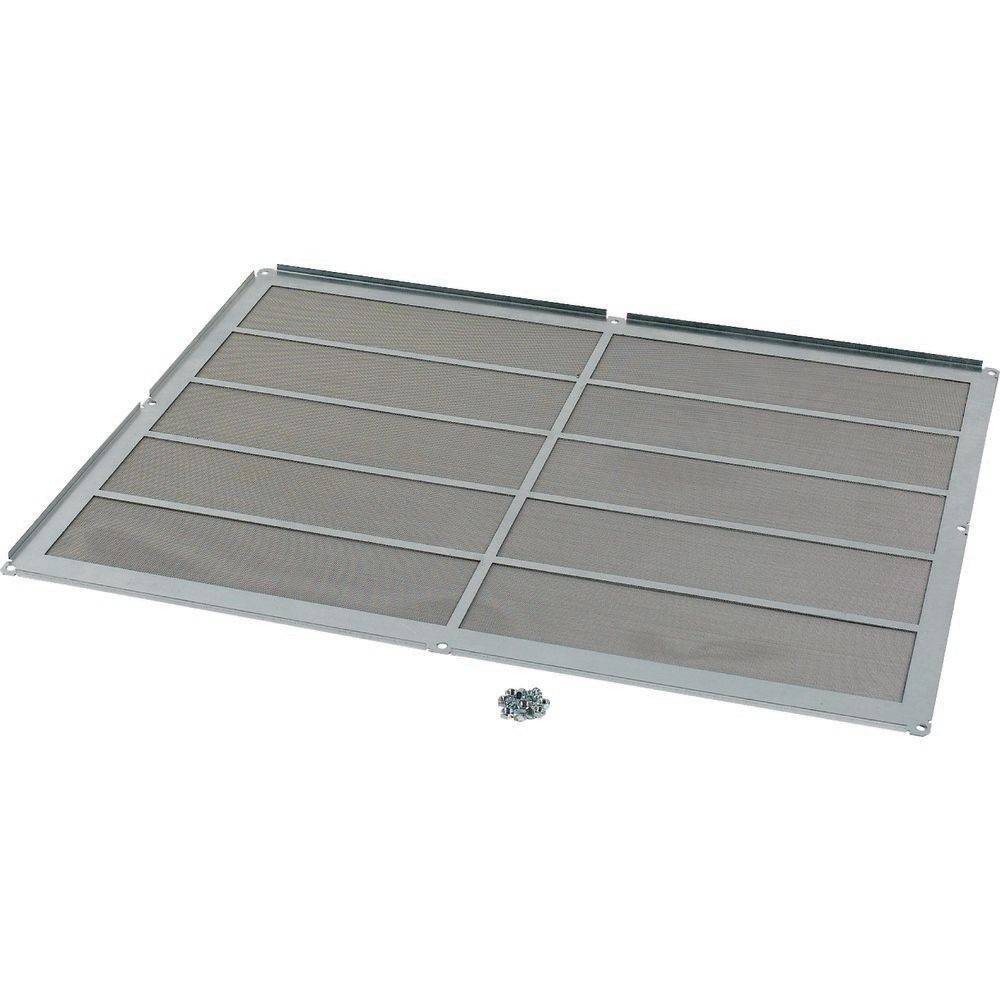Ein Metallentfettungsfilter mit Maschenpaneelen, der für Dunstabzugshauben konzipiert ist, wird zusammen mit Befestigungsschrauben gezeigt.
