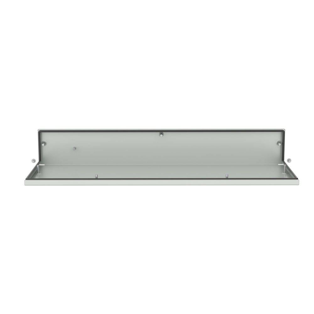 Ein durchsichtiges Glasregal mit einer Metallhalterung, zur Wandmontage konzipiert, von vorne gegen einen weißen Hintergrund gesehen.