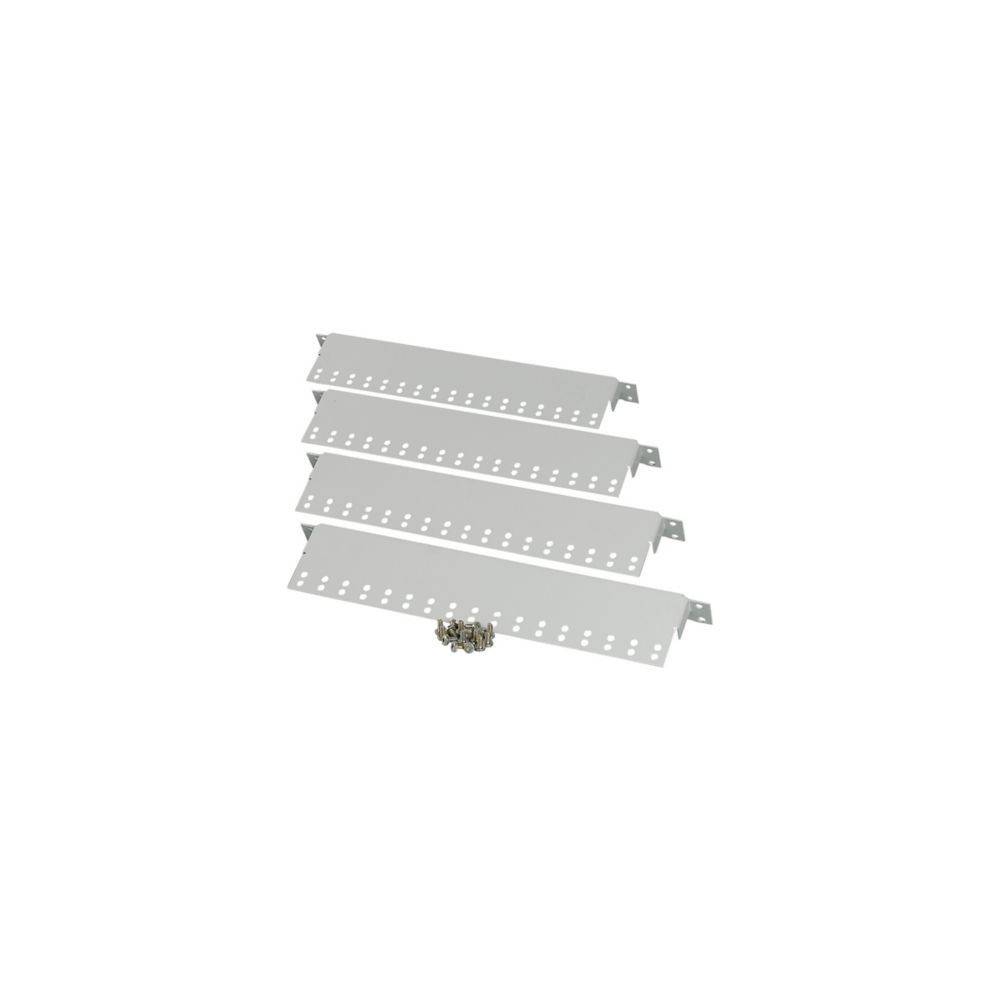 Vier Metall-Rackmontagehalterungen, horizontal ausgerichtet, mit Befestigungsschrauben an der Vorderseite, zum Sichern von Geräten in einem Serverrack.