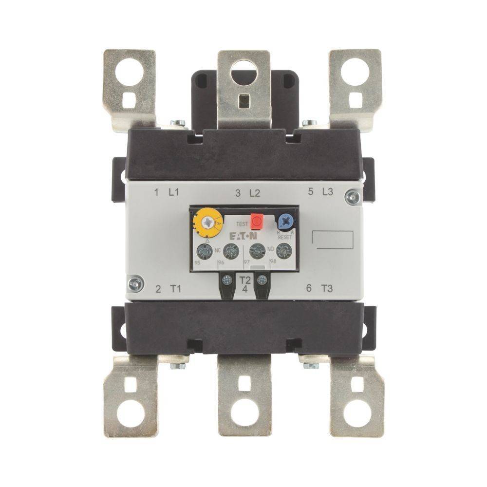 Elektrischer Schützkontaktor mit beschrifteten Eingängen und Ausgängen: L1, L2, L3, T1, T2 und T3. Drehschalter und Tasten auf der Frontplatte.