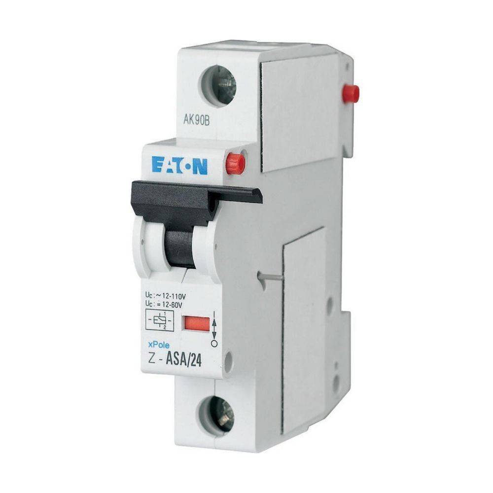 Ein weißer Sicherungsautomat mit der Bezeichnung 'Eaton xPole Z-ASA/24' mit schwarzem Schalter und roten Tasten, der zur elektrischen Sicherheitskontrolle verwendet wird.