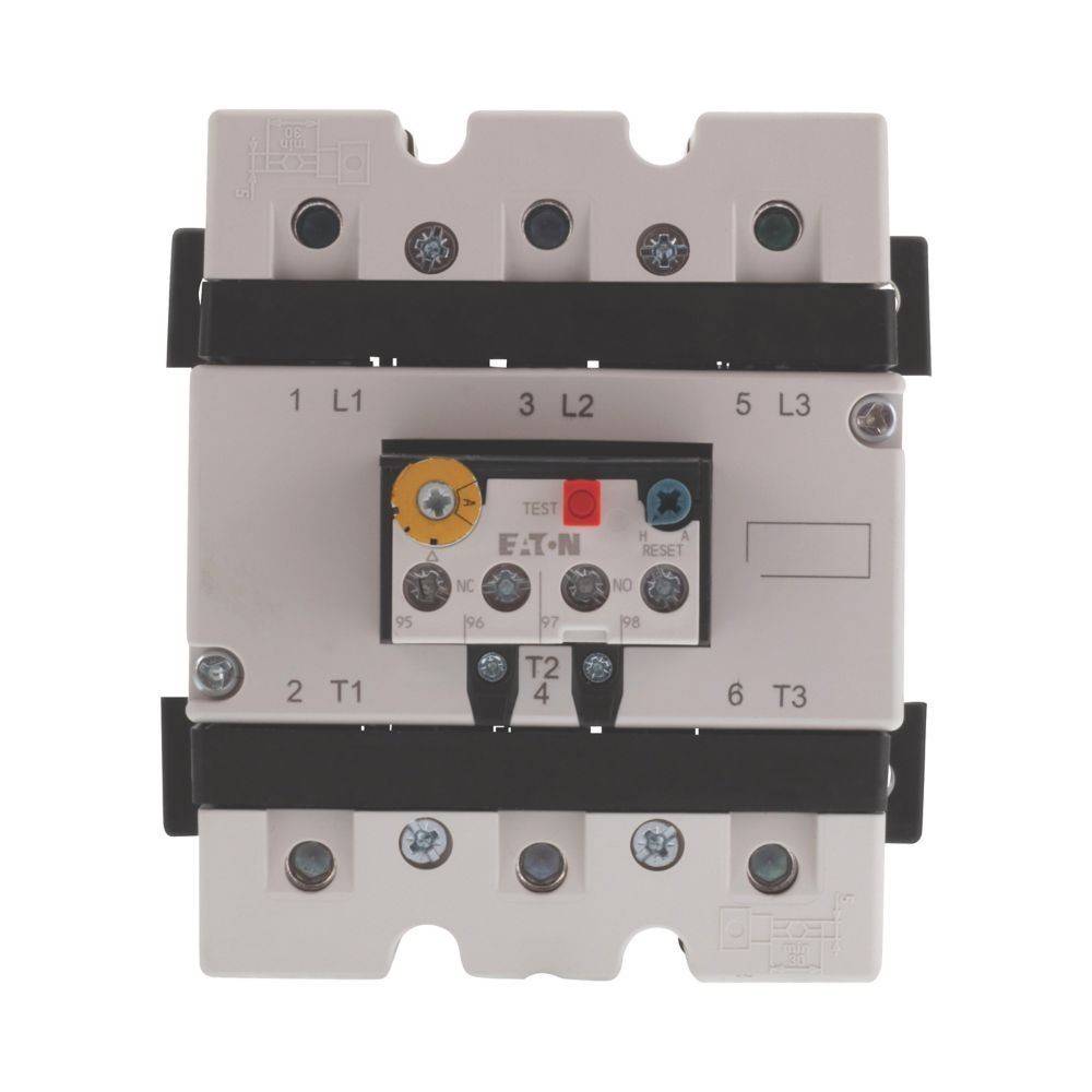 Ein Nahaufnahmebild eines elektrischen Schützes mit beschrifteten Anschlüssen: L1, L2, L3 oben und T1, T2, T3 unten.