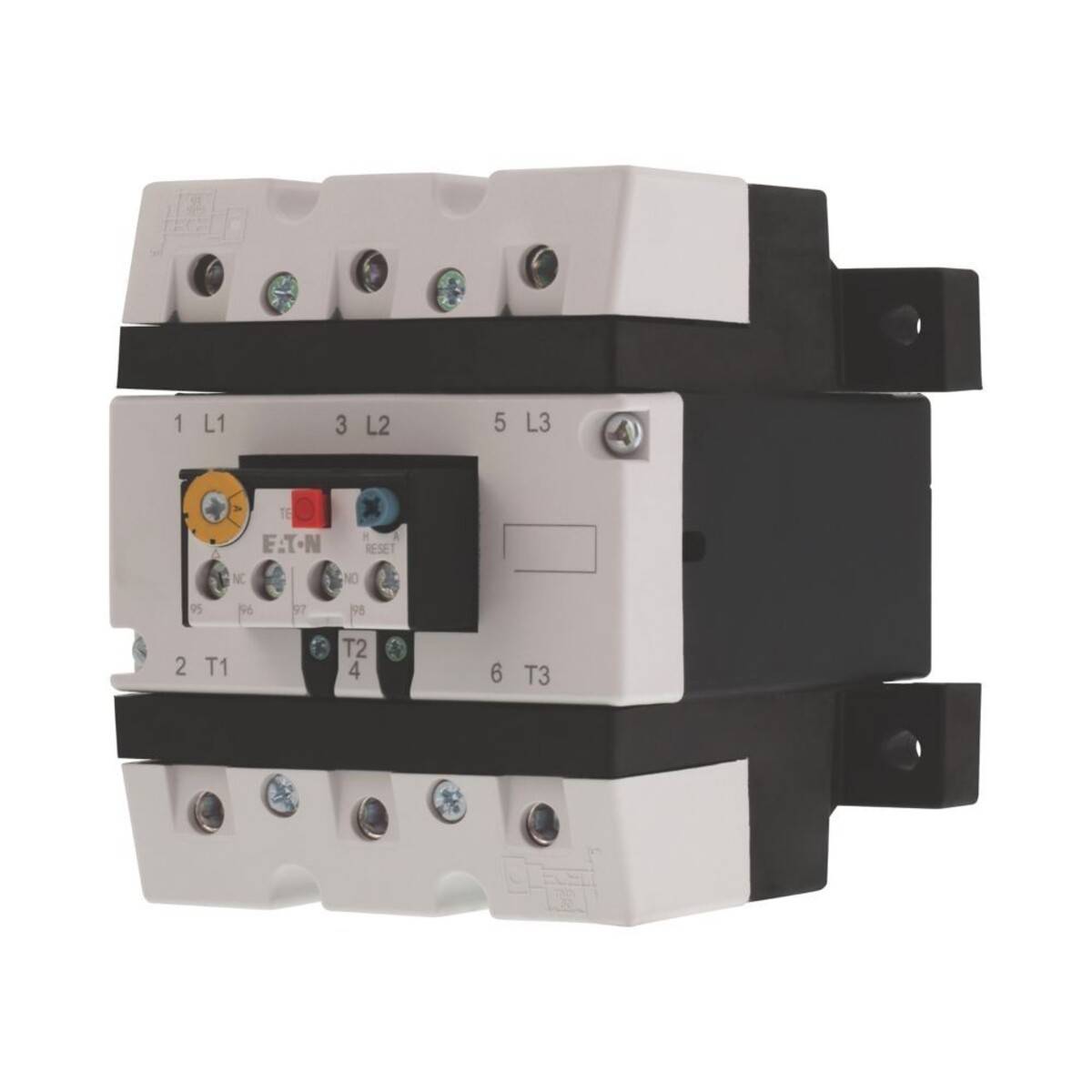 Ein dreipoliger Schütz mit mehreren Schraubklemmen, auf der Oberseite mit L1, L2, L3 und auf der Unterseite mit T1, T2, T3 beschriftet, der in elektrischen Schaltkreisen verwendet wird.