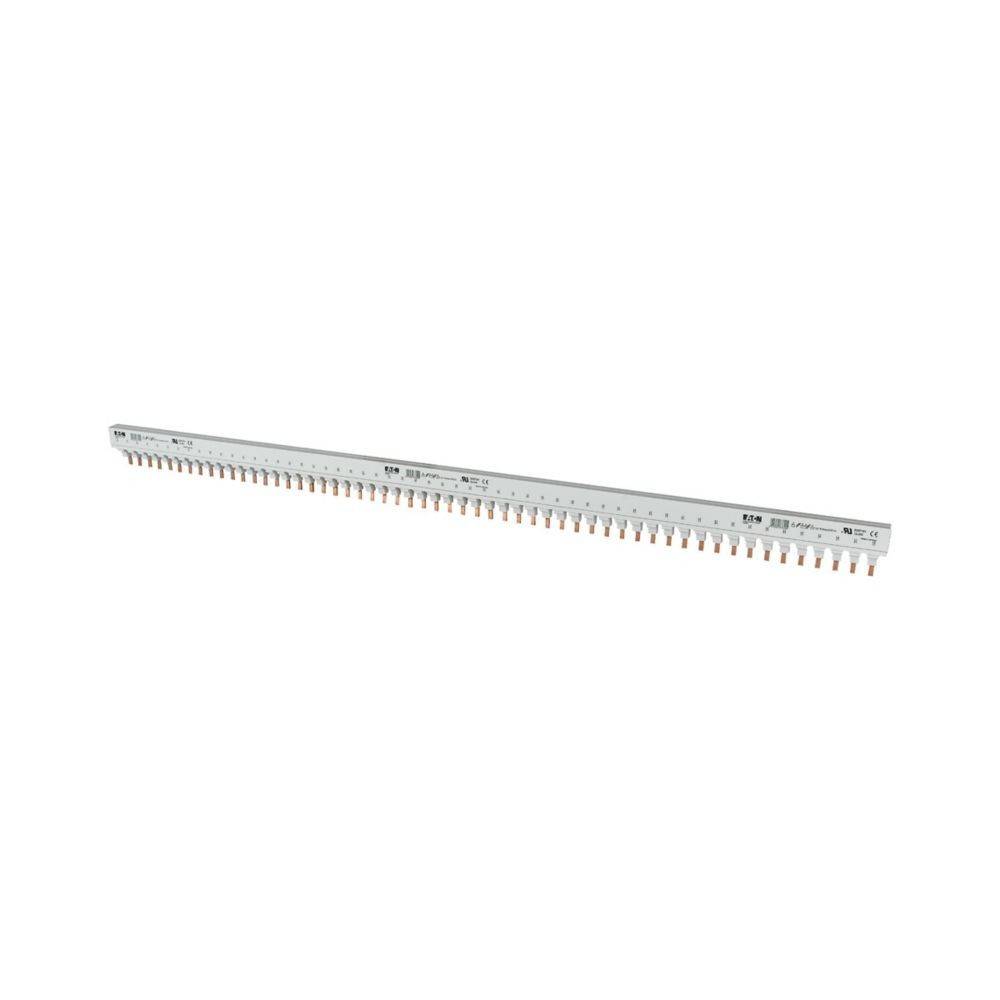 Ein langer Metallmaßstab mit Messungen in Zoll und Zentimetern, der eine Reihe kleiner Haken entlang einer Kante aufweist.