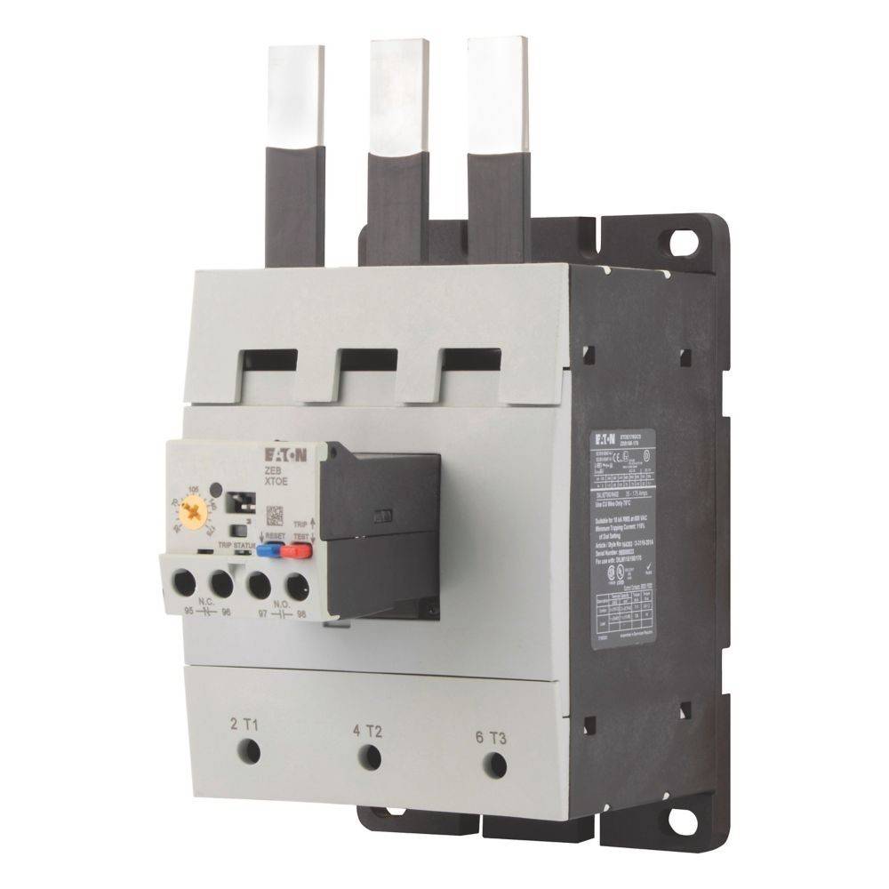 Ein grauer elektrischer Schütz mit drei Metallkontakten auf der Oberseite, verschiedenen Regelknöpfen und einem schwarzen Schalter auf der Frontplatte.