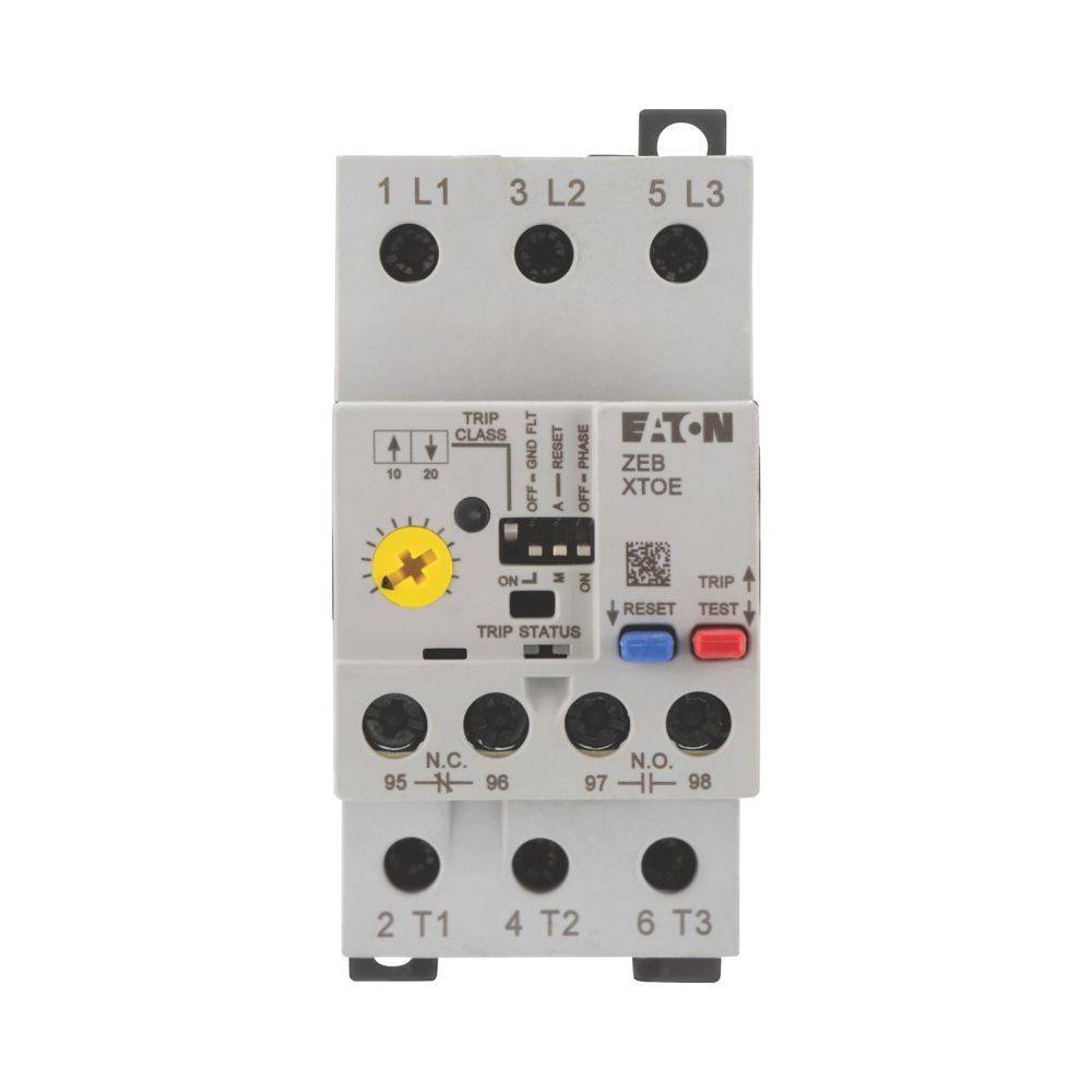 Eaton ZEB XTOE Motorstarter verfügt über große Anschlussklemmmen, einen gelben Einstelldrehknopf für die Auslöseklasse und Anzeigelampen für den Auslösestatus.