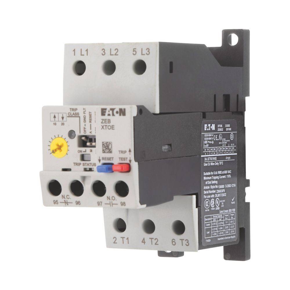 Eaton Motorschutzrelais, Modell ZEB XTOE, mit verstellbarem Einstellungsrad, Statusanzeige-Leuchten und Anschlussports für Motorschutz.