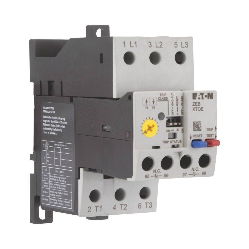 Ein elektrisches Gerät mit der Bezeichnung 'Eaton ZEB-XTOE', das verschiedene Anschlüsse und Einstellräder aufweist und zur Steuerung und zum Schutz von Motorzweigen verwendet wird.