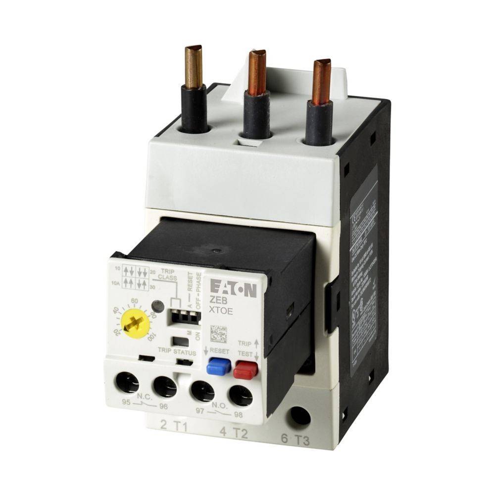 Eine elektrische Überlastschutzrelais mit drei Kupferverbindern oben, gekennzeichnet als 'Eaton ZEB XT0E', ausgestattet mit Test- und Rückstelltasten auf der Vorderseite.