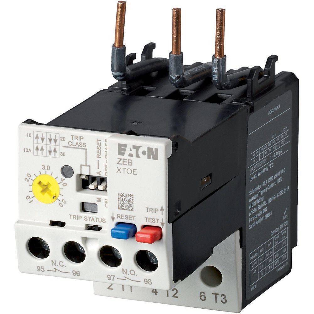 Eaton ZEB XTOE Motorschutzschalter; zeigt Knöpfe, Rückstelltaste, drei Klemmen und Verdrahtungsanschlüsse; 10A, 690V.