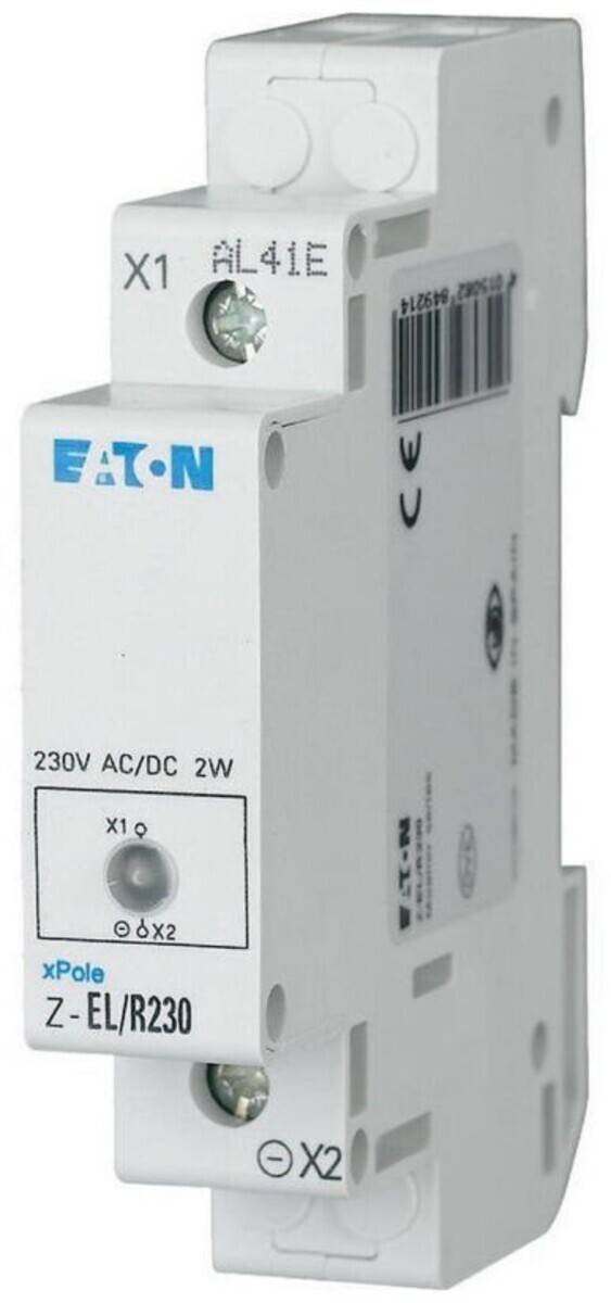 EATON 230V AC/DC 2W elektrische Komponente mit einem weißen Gehäuse und CE-Kennzeichnung.