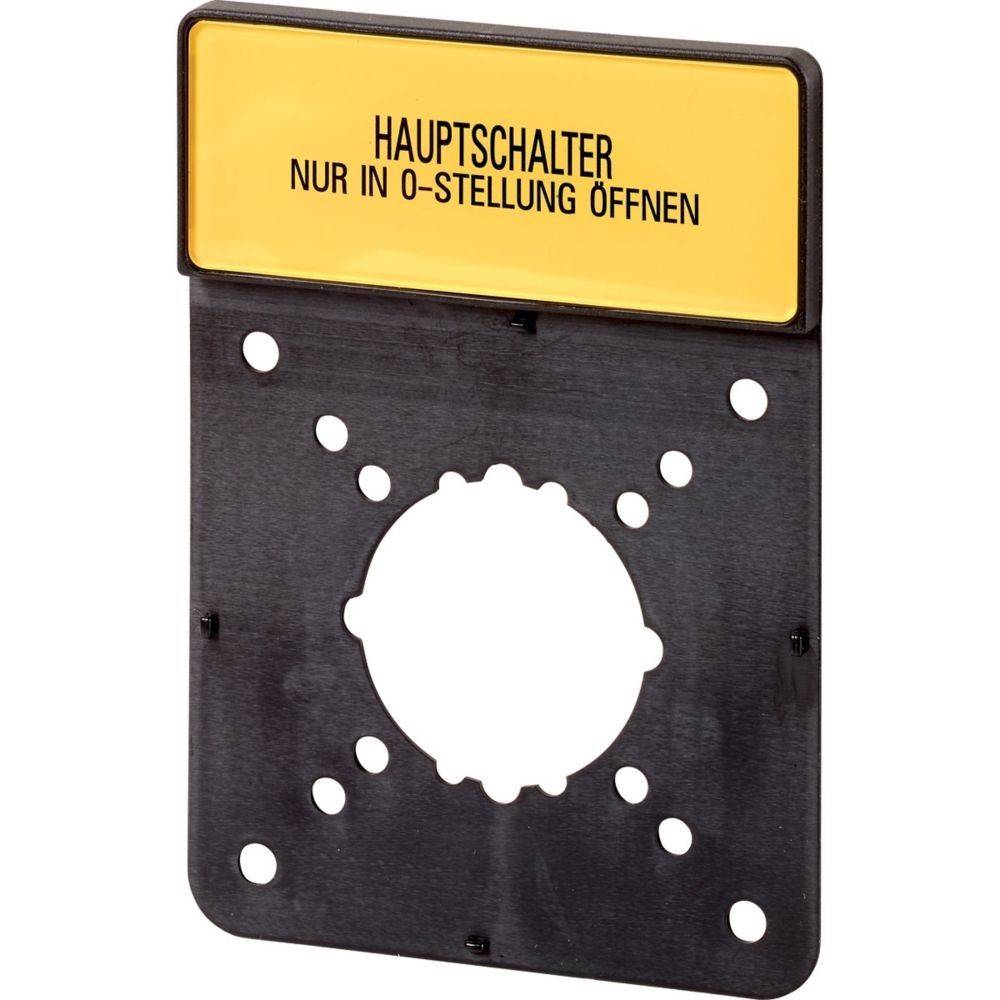 Eine schwarze Montageplatte mit einer gelben Beschriftung, die 