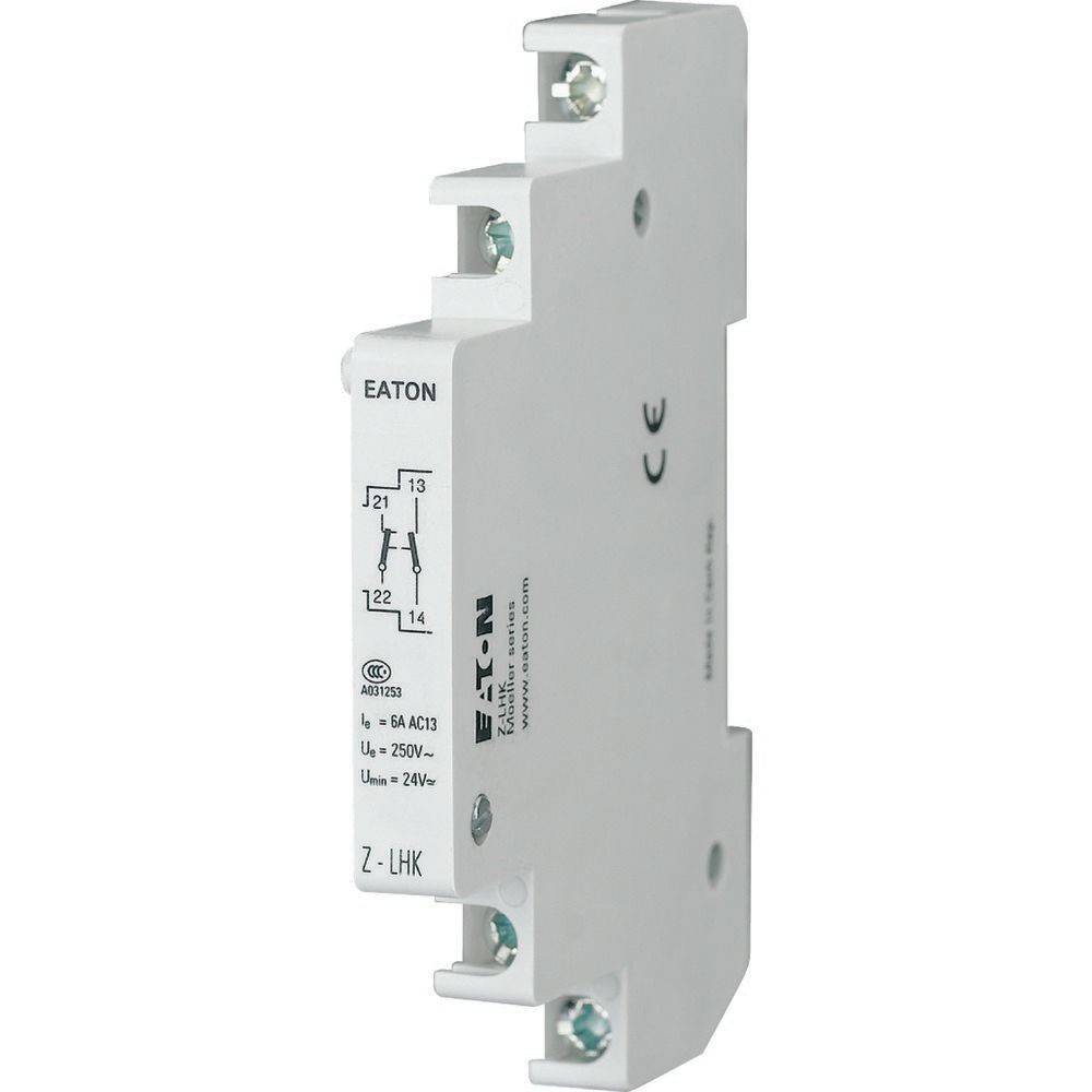Eaton-Relaismodul mit technischen Spezifikationen auf der Seite, mit weißem Gehäuse und drei sichtbaren Klemmenanschlüssen.