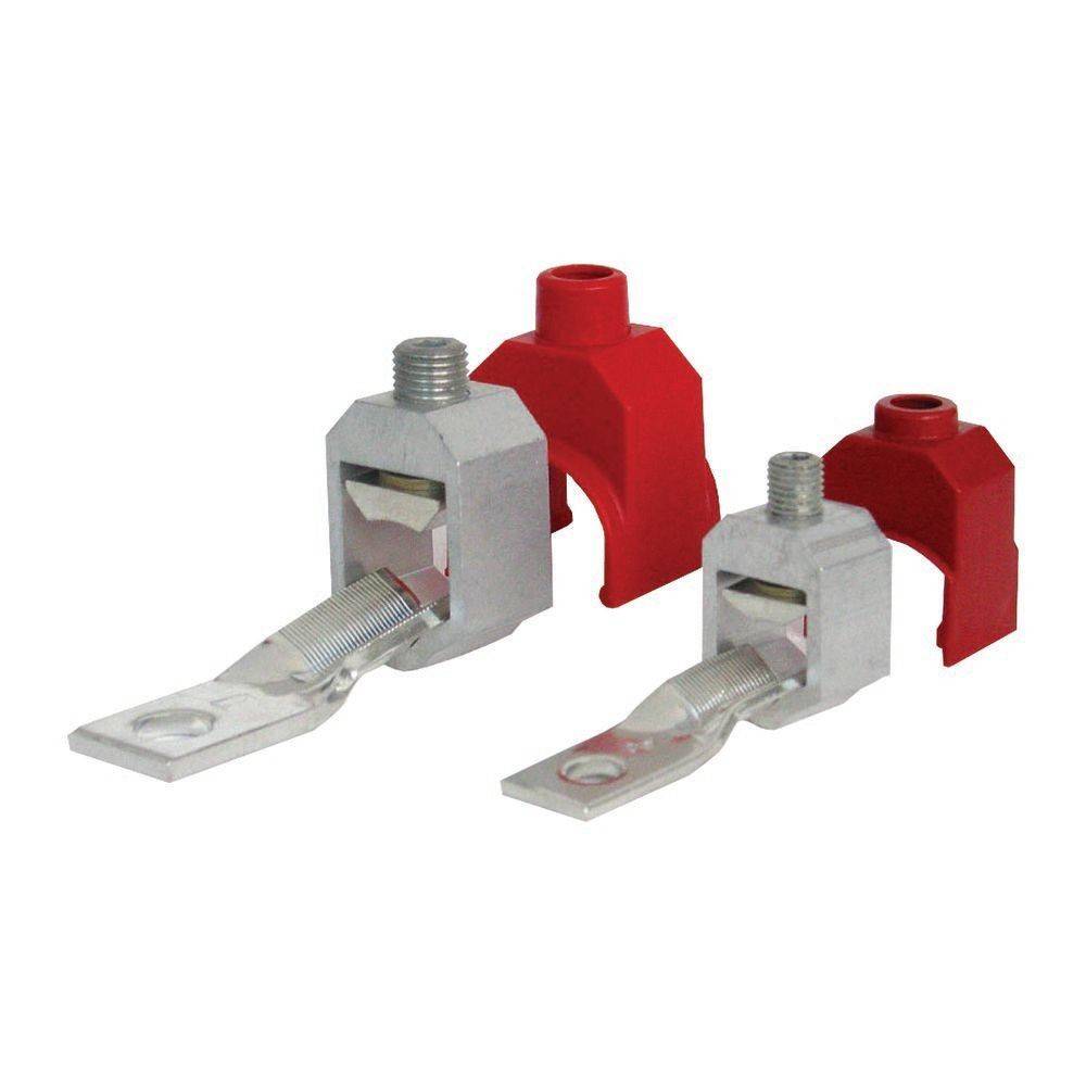 Zwei rote, zweifach gelochte Kupferrohr-Klemmen mit grauen Metallbasen und Schraubanschlüssen, verwendet für elektrische Verbindungen.