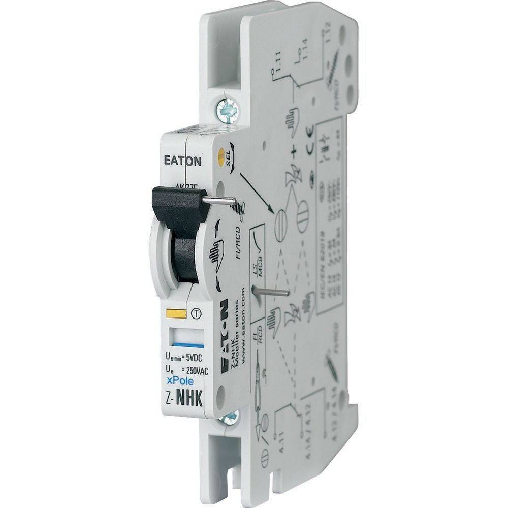 Seitenansicht eines Eaton-Leistungsschalters mit detaillierten technischen Spezifikationen und einem Kippschalter zur Stromsteuerung.