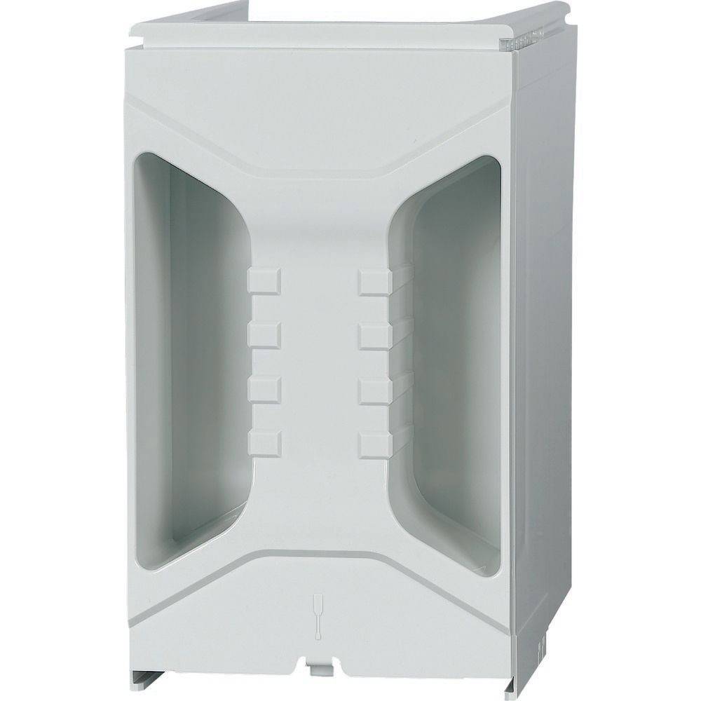 Ein weißer rechteckiger Waschmaschinenunterbau mit minimalistischem Design, der einen eingelassenen Bereich zur sicheren Positionierung von Haushaltsgeräten aufweist.