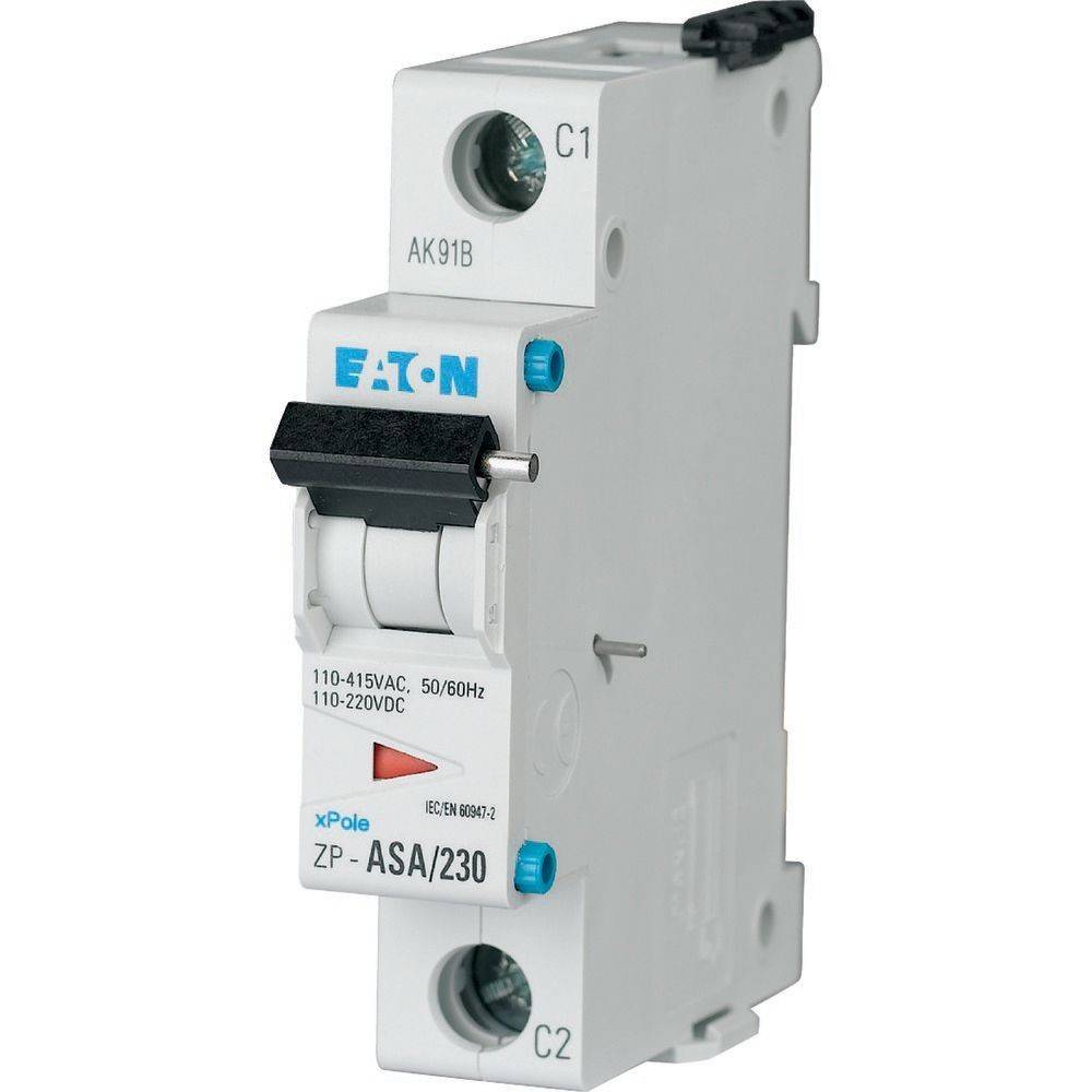 Einpoliger Leistungsschalter mit Kippschalter, gekennzeichnet mit 'Eaton', mit Spannungsbezeichnungen von 110-415VAC und 110-220VDC.