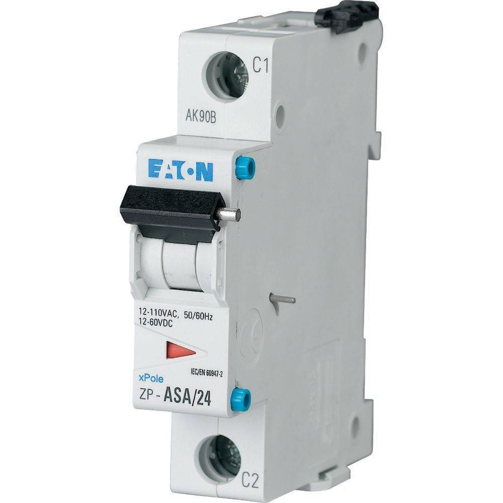 Eaton-Leistungsschalter Modell ZP-ASA/24, entwickelt für Elektrotafeln, gekennzeichnet für AC- und DC-Spannungsbereiche.