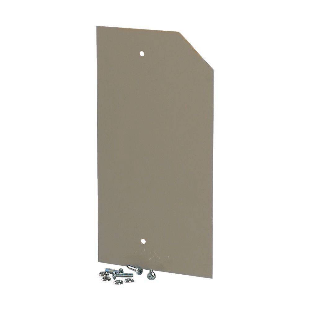 Ein Metallpanel mit abgeschrägter Kante und zwei Löchern, begleitet von kleinen Schrauben.