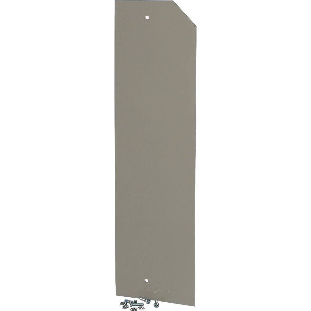 Eine flache, rechteckige Metallhalterung mit einer diagonal abgeschnittenen Ecke und zwei gebohrten Löchern, zusammen mit kleinen Schrauben zur Montage.