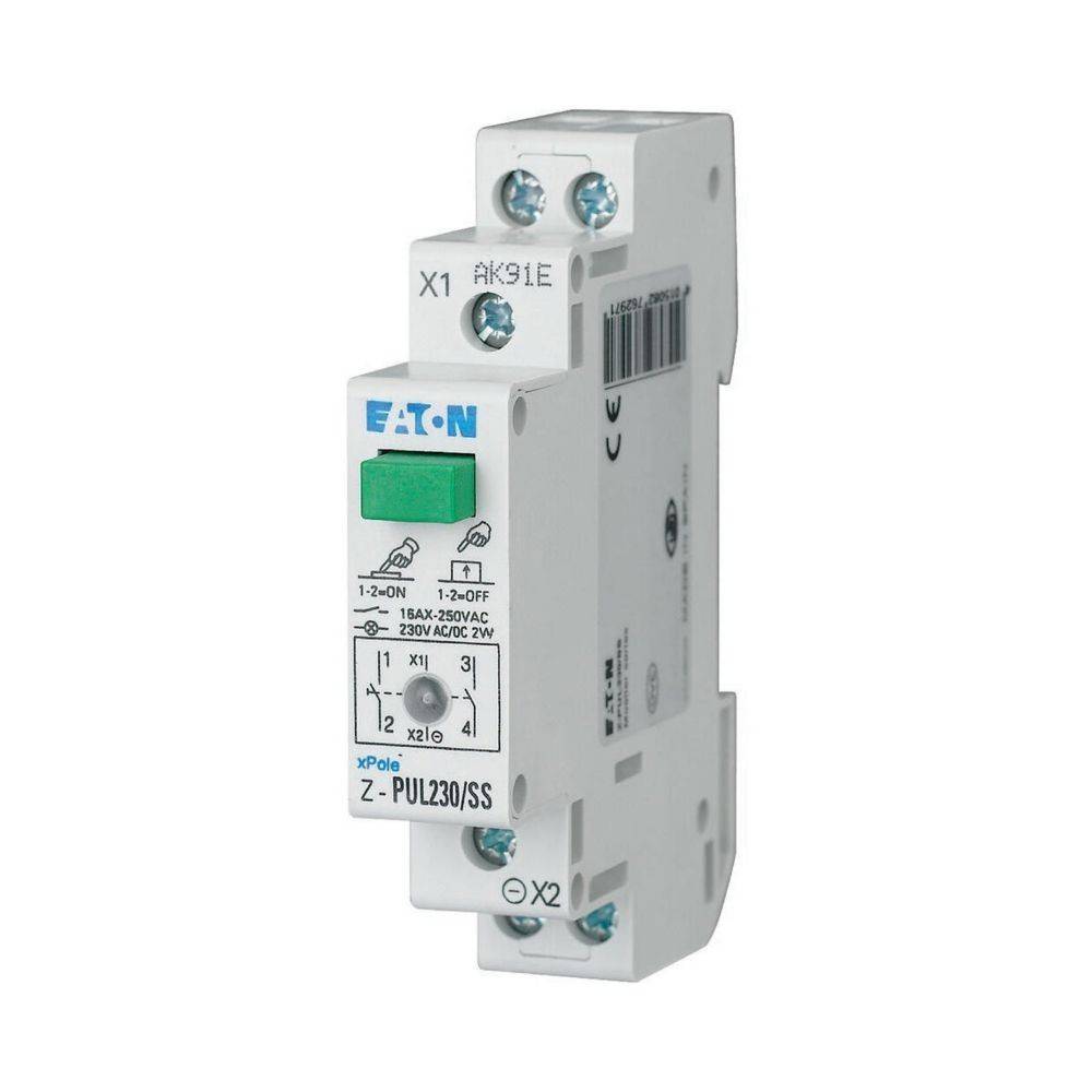 Ein weißes Eaton elektrisches Relais mit grüner Taste, beschriftet mit 'PUL230/SS'. Es zeigt elektrische Spezifikationen: 230V AC, 2W, 1-20Nm.