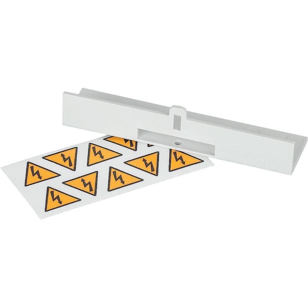 Blatt orangefarbener Dreiecks-Aufkleber mit schwarzen Blitzsymbolen, teilweise aus einem weißen Spender gezogen, die eine elektrische Gefahr anzeigen.