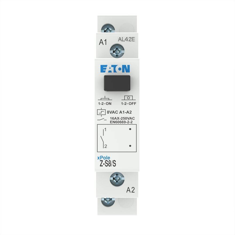 Eaton xPole Z-S8/S modularer Schaltrelais mit gekennzeichneten A1- und A2-Anschlüssen und Ein-/Aus-Schalterstellungen.