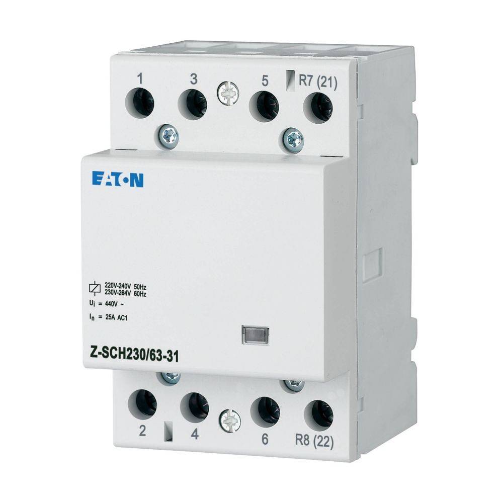 Z-SCH230/63-31' Eaton Elektrischer Schalter; weiße Gehäuse mit beschrifteten Anschlusspunkten, verwendet zur Steuerung von Wechselstromkreisen.