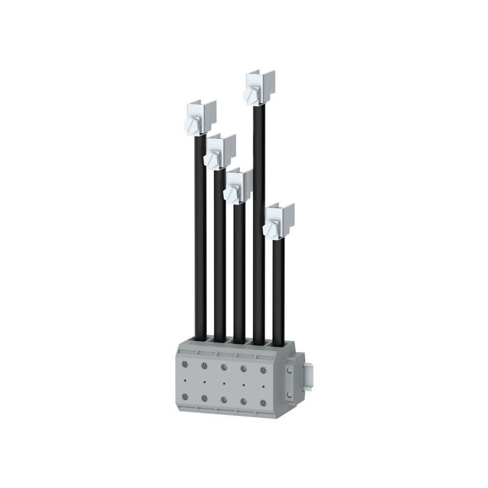 Eine Schemazeichnung, die fünf schwarze Kabel zeigt, die jeweils mit separaten weißen Anschlüssen oben und einem grauen Block unten verbunden sind und eine elektrische Systemanordnung veranschaulicht.