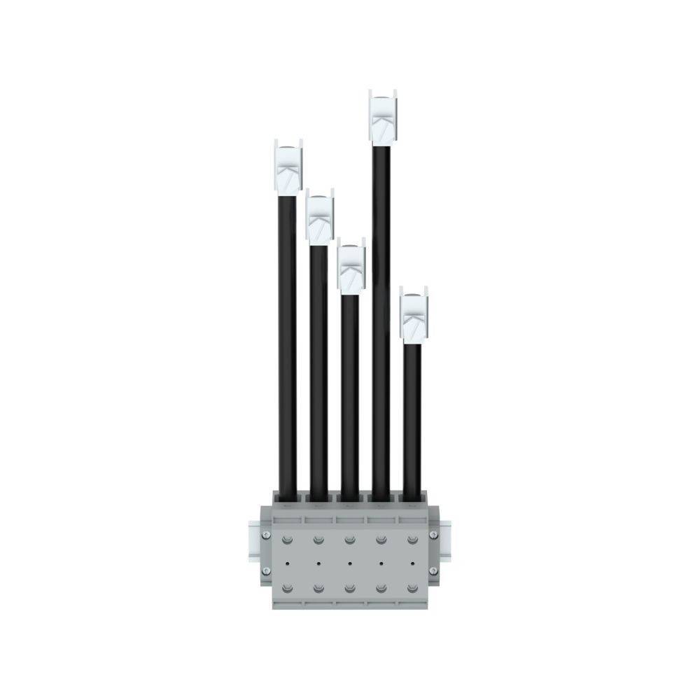Eine graue rechteckige Basis mit fünf schwarzen zylindrischen Stäben unterschiedlicher Höhe, die mit weißen quadratischen Kappen bekrönt sind und wie eine minimalistisch gehaltene Skyline wirken.