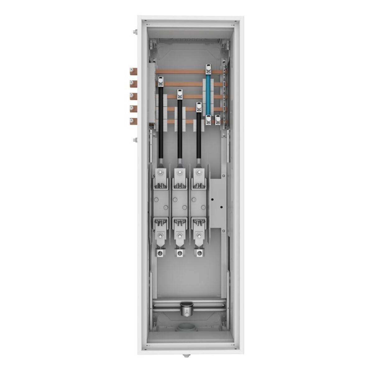 Elektrische Schaltanlage mit sichtbaren Innenkomponenten, bestehend aus drei Hauptschaltern, Kupfersammelschienen und Verkabelung.