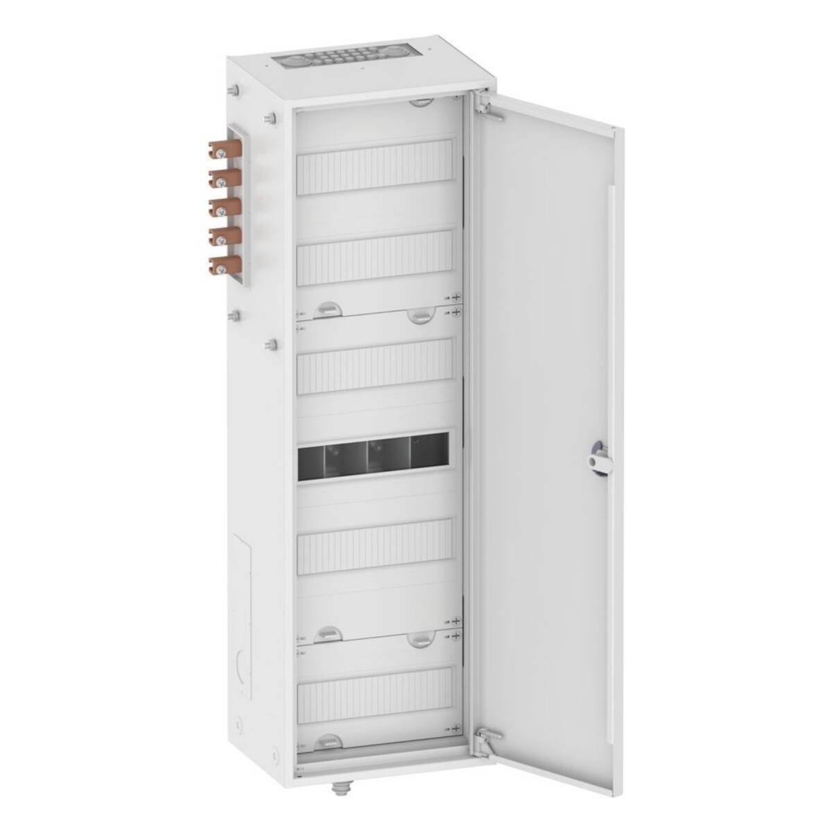 Ein offener weißer Elektroschrank mit mehreren Reihen für Sicherungsautomaten, der seitlich Kupferschienen für die Stromverteilung zeigt.