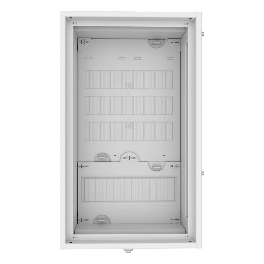 Eine leere, rechteckige Metallstrombox mit Befestigungshalterungen und Klappseiten, die zur Organisation und zum Schutz von Kabeln oder Stromkreisen verwendet wird.