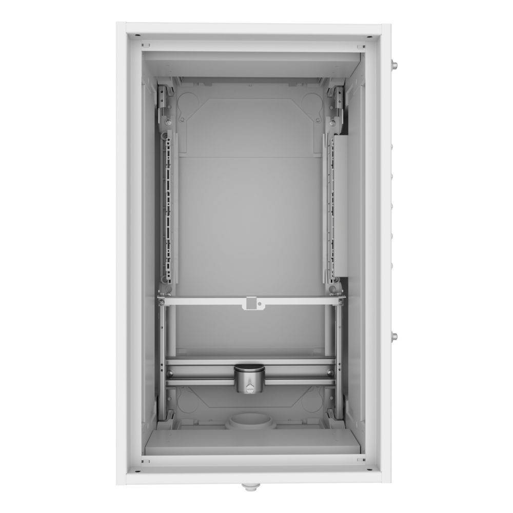 Ein weißer, leerer rechteckiger Schrank mit Regalen und einer zentralen vertikalen Stütze, der zur Aufbewahrung verwendet wird.