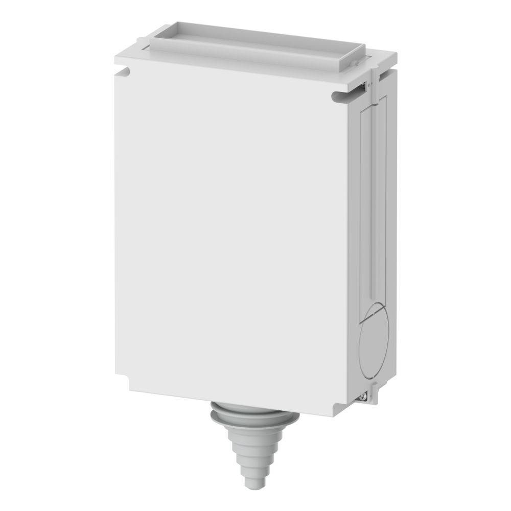 Eine weiße, rechteckige elektrische Verteilerdose mit einem hervorstehenden Kabeleinführungspunkt am unteren Ende, die zum Unterbringen von Leitungsverbindungen konzipiert ist.