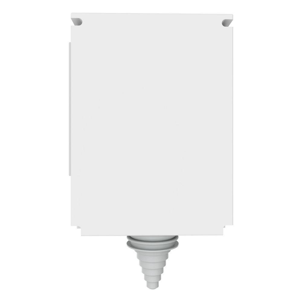Eine weiße elektrische Verteilerdose mit einem konischen Kabelverschraubung am unteren Ende, die zur Aufnahme und Verbindung von elektrischen Leitungen verwendet wird.