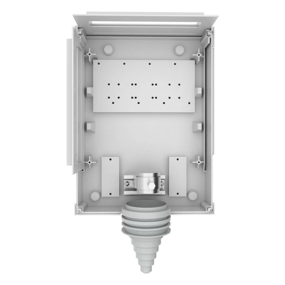 „Weißes rechteckiges Elektrogehäuse mit einer runden Kabeldurchführung am unteren Ende, ausgestattet mit Befestigungspunkten und einem internen Montagepanel.