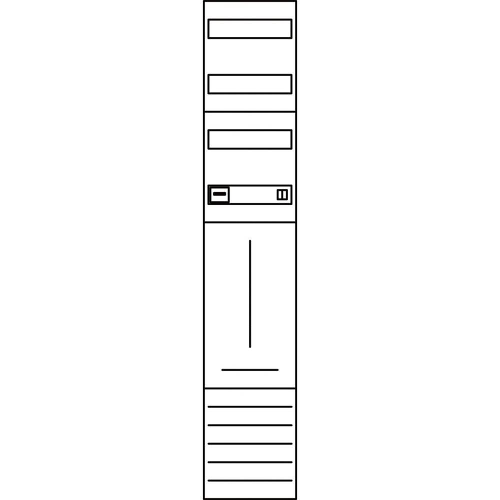 Ein vertikales Diagramm eines Computertowers mit minimalistischem Design, das Laufwerksbuchten, einen Einschaltknopf und Lüftungsschlitze am unteren Ende zeigt.