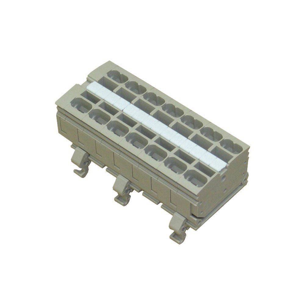 Ein beiger Klemmenblock mit mehreren Anschlusspunkten, der zum Befestigen und Organisieren von elektrischen Kabeln konzipiert ist, aus einem Winkel betrachtet.