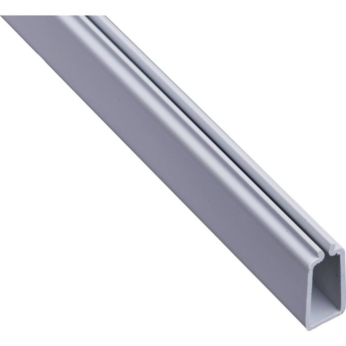 Ein abgewinkeltes Aluminiumkanalprofil mit einer schmalen Nut, das zur Montage oder Befestigung von Gegenständen verwendet wird.