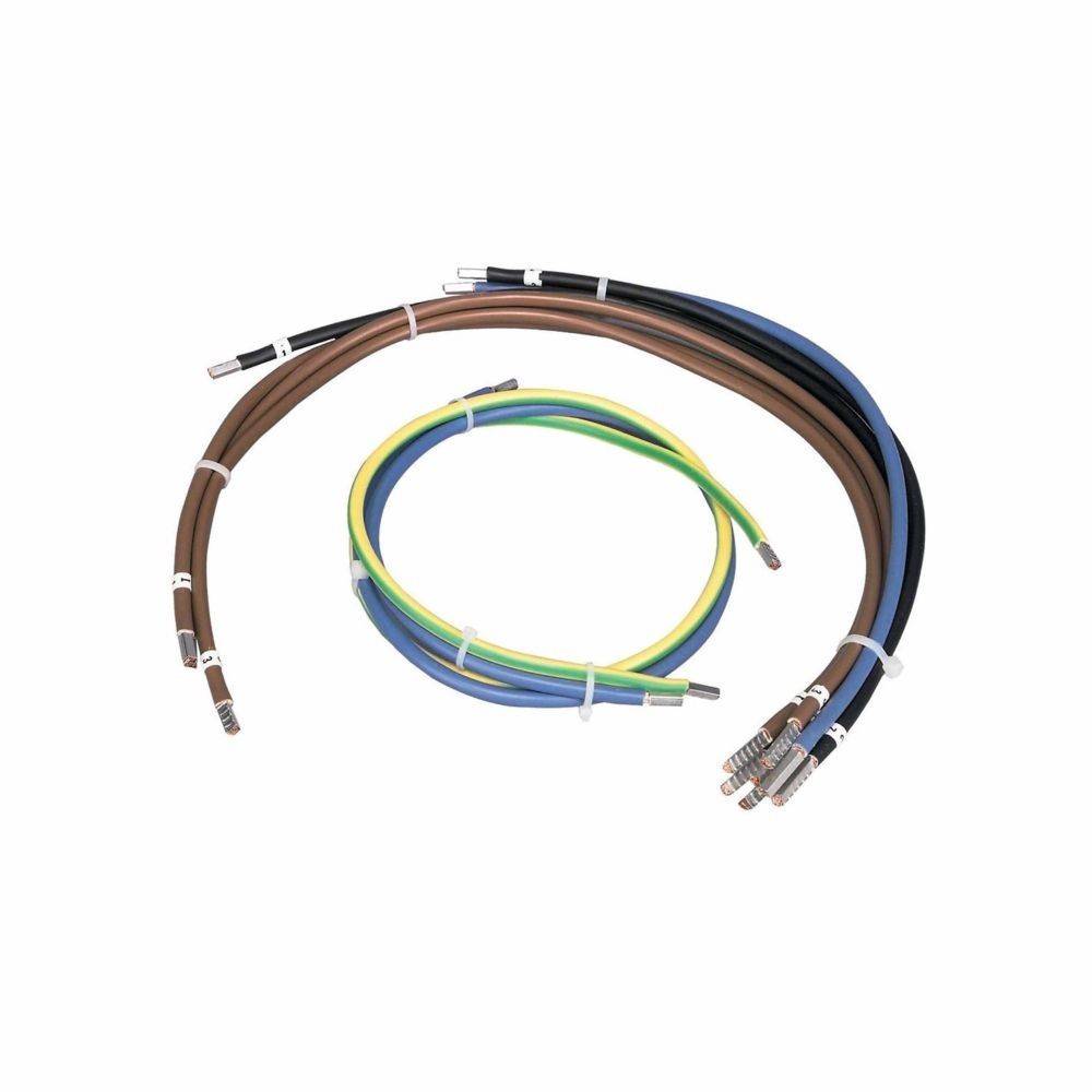 „Ein Satz elektrischer Kabel in verschiedenen Farben, darunter braun, grün, blau und gelb, aufgewickelt und mit weißen Kabelbindern gesichert.