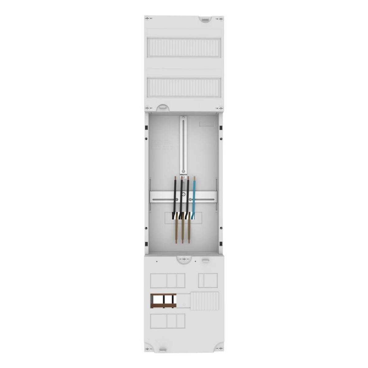 Ein weißes Elektrisches Verteilerkästchen mit mehreren beschrifteten Abschnitten und sichtbaren Kabeln, das verschiedene Fächer zur Organisation elektrischer Komponenten zeigt.