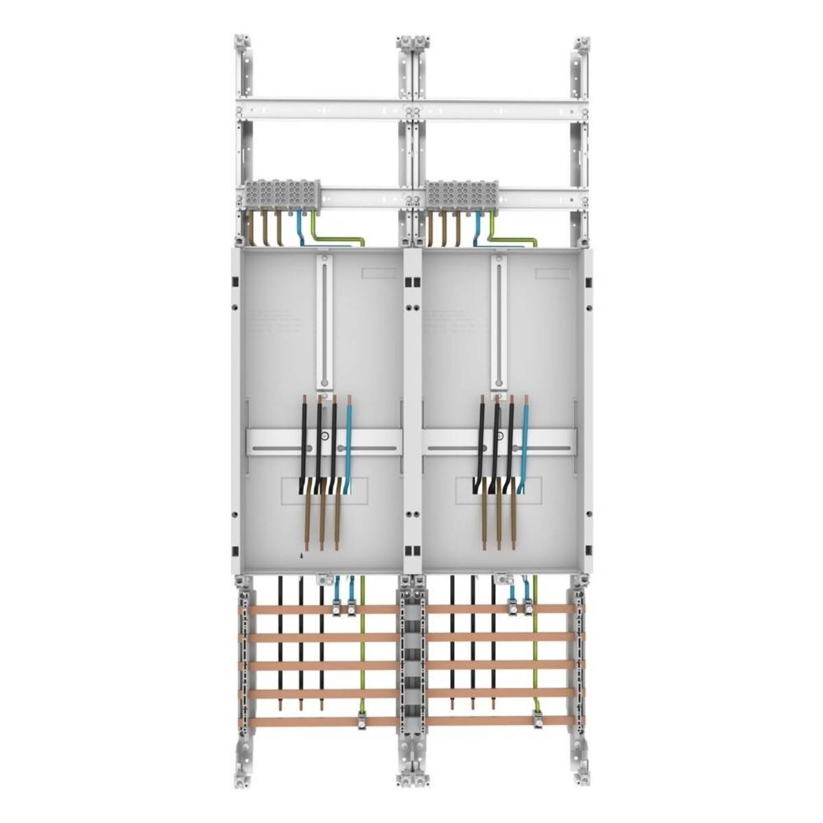 Zwei parallele elektrische Verteilerkästen mit mehreren vertikal angeordneten Kabeln, die an Sammelschienen und Erdungsschienen angeschlossen sind und die Verkabelungsanordnung veranschaulichen.