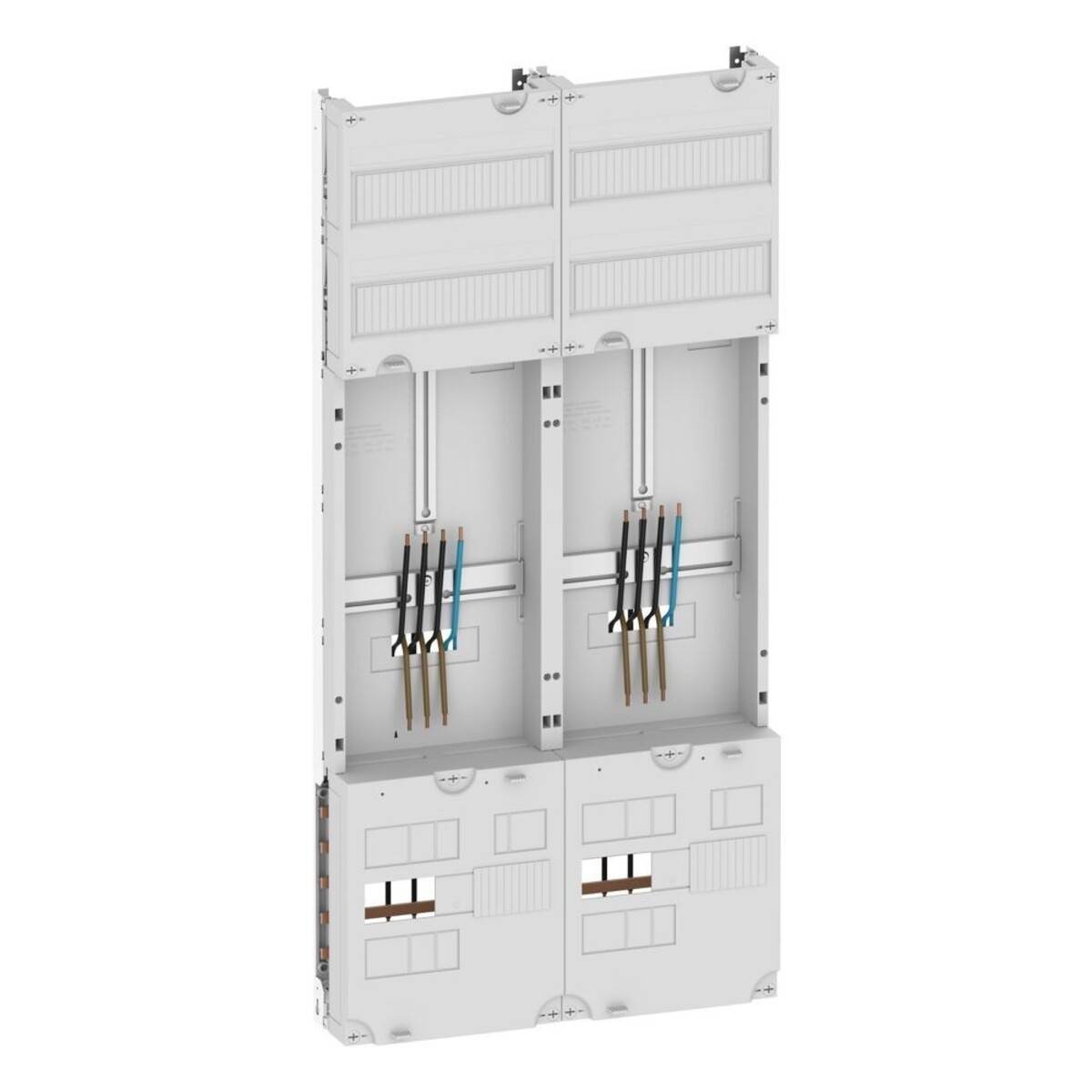 Ein elektrisches Schaltpult mit mehreren Abschnitten, das Kabel und Sicherungsautomaten zeigt, die in zwei vertikalen Reihen für Verteilung und Steuerung angeordnet sind.