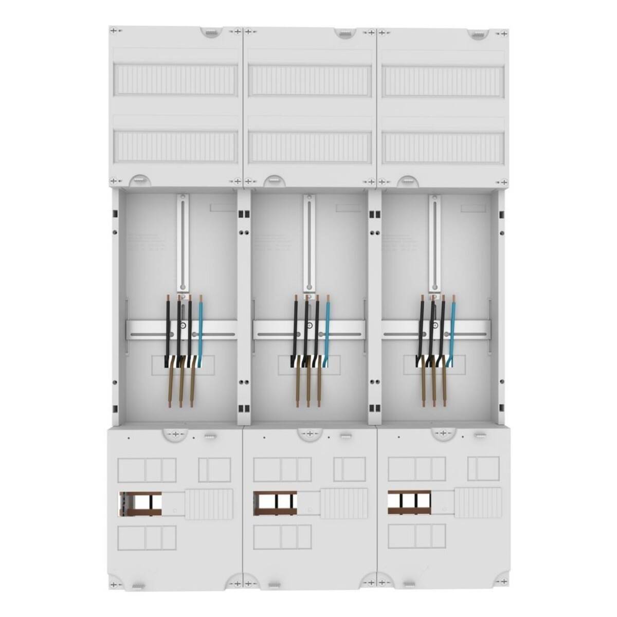 Elektrische Schaltanlagengehäuse mit drei Abteilen, die jeweils einen Satz vertikaler Kabelkanäle und Anschlüsse enthalten, von vorne betrachtet.