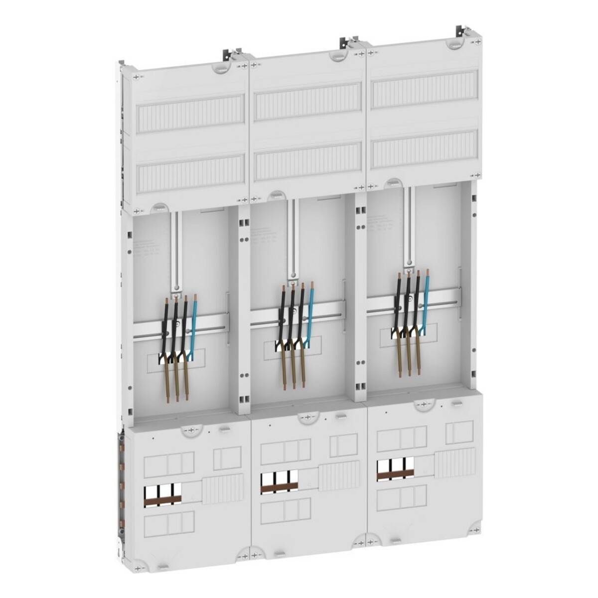 Elektrische Verteilertafel mit drei offenen Abschnitten, in denen sichtbare Verkabelung und Schalter zur Verwaltung mehrerer Stromkreisverbindungen zu sehen sind.