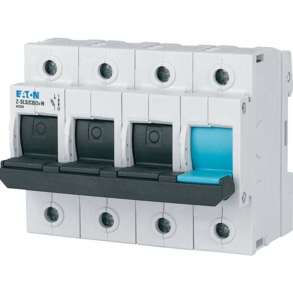 Ein weiß-schwarzer elektrischer Sicherungsautomat mit einem blauen Schalter, beschriftet mit ‚Eaton Z-SLS/CB3-N'.