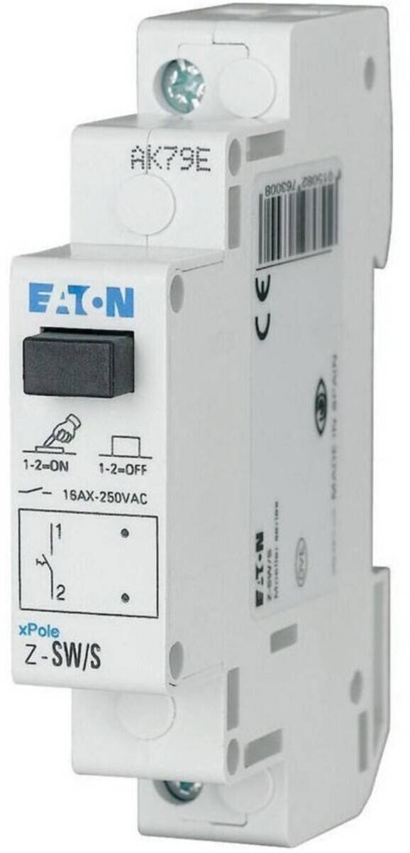 Eaton-Leitungsschutzschalter, 16AX-250VAC, mit einer Beschriftung '1=EIN' und '1=AUS', zur Steuerung der elektrischen Verbindung.
