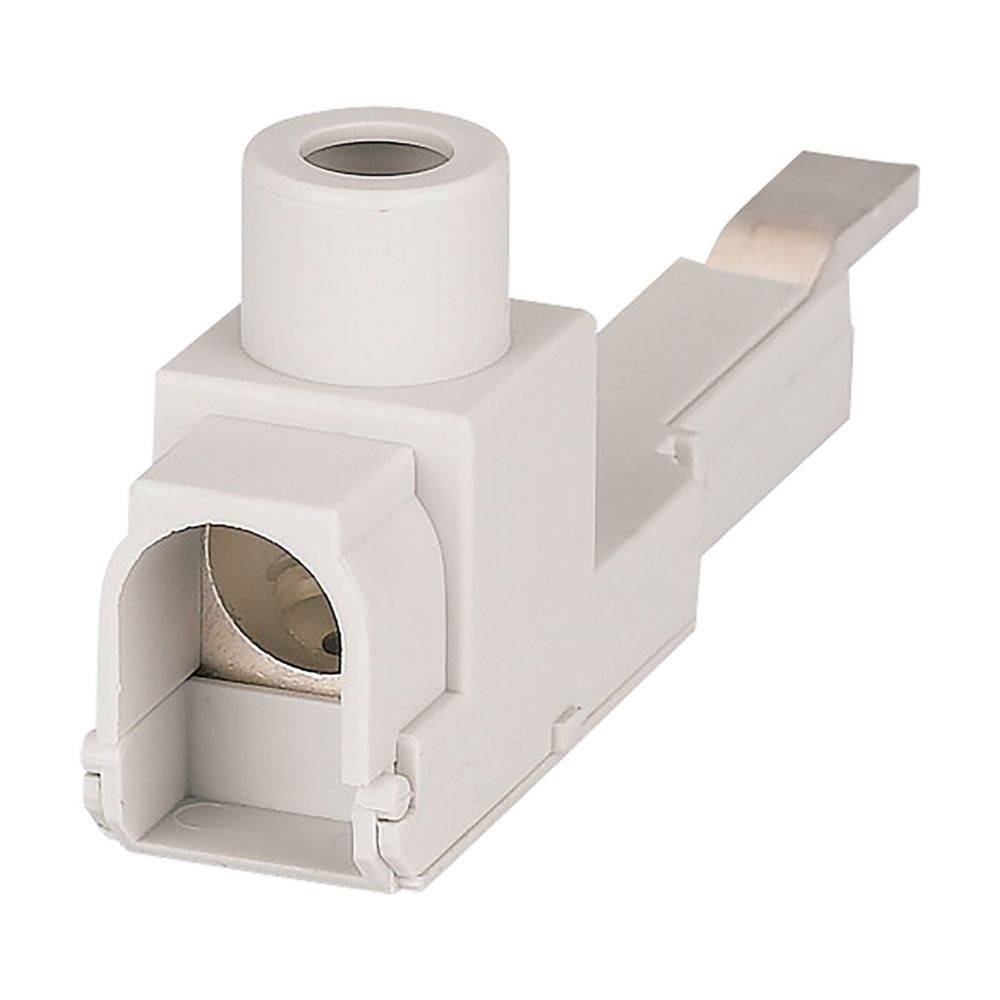 Ein weißer Schienenlichtverbinder mit einer zylindrischen Fassung, der zum Verbinden und Stromversorgen von Schienenlichtarmaturen verwendet wird.