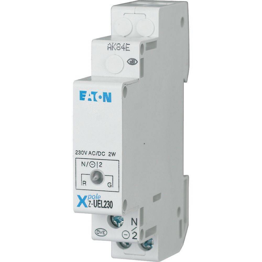 Eaton X-pole Z-UEL230'; weißer Elektroschalter; gekennzeichnet für 230V AC/DC, 2W; verfügt über Anschlussports oben und unten.